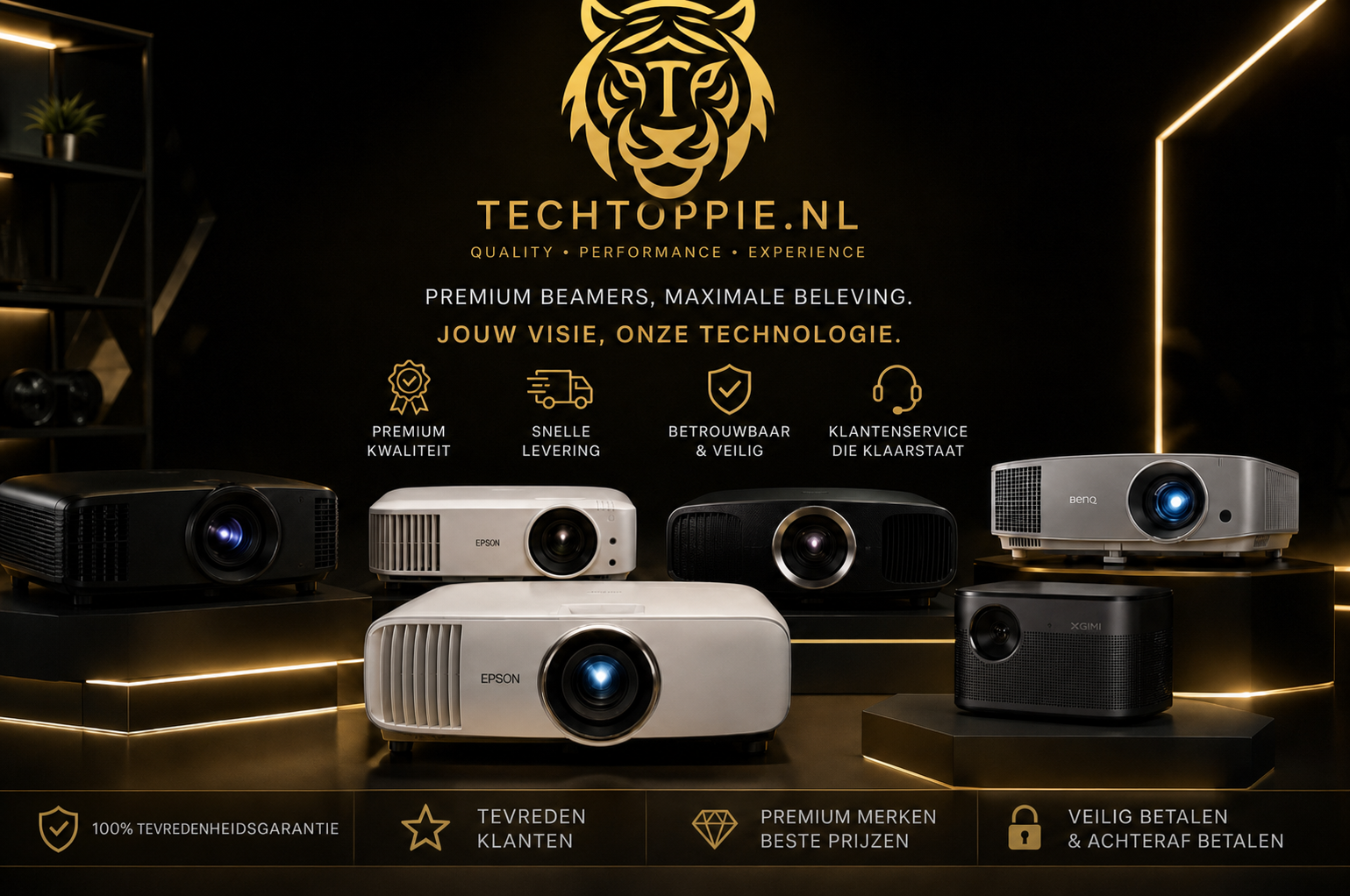 Techtoppie.nl zwart-gouden banner met premium beamers en voordelen