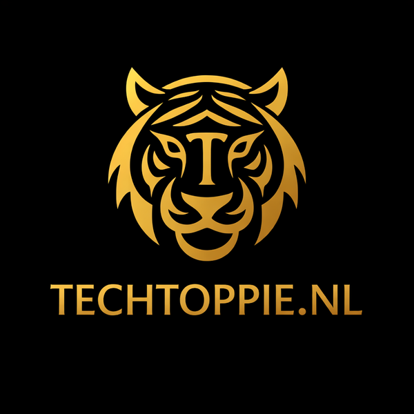 Techtoppie.nl gouden tijgerlogo op zwarte achtergrond